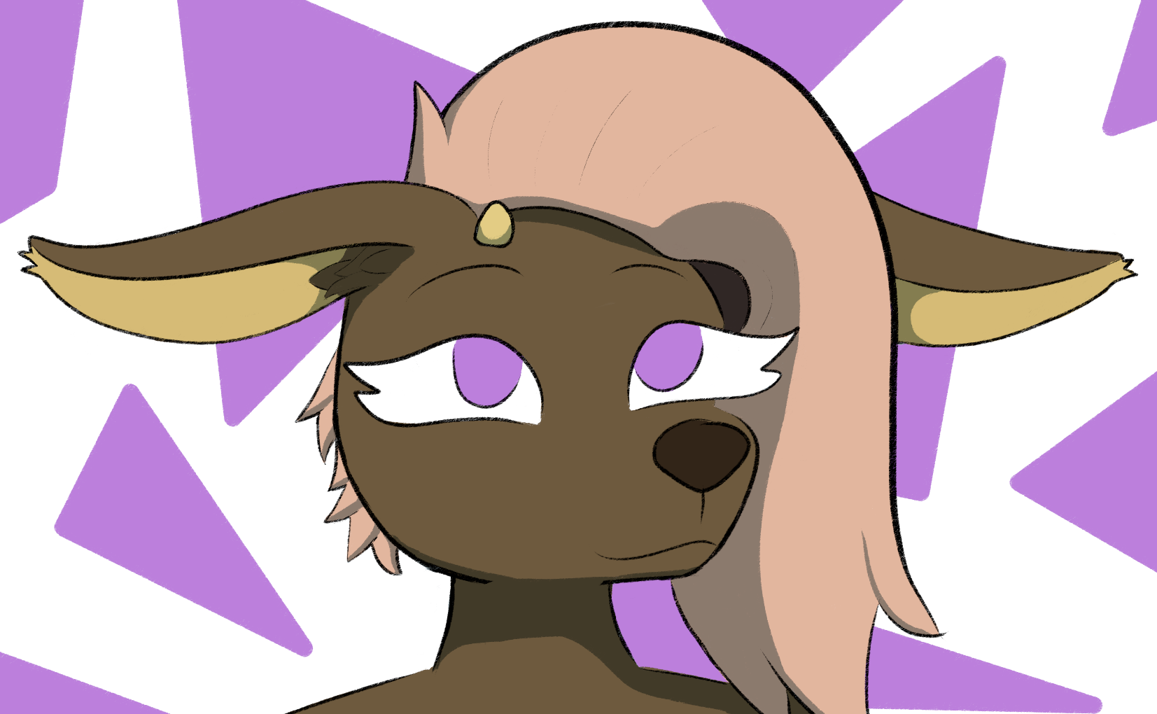 a portrait of a doe with purple eyes and pink hair and a small antler